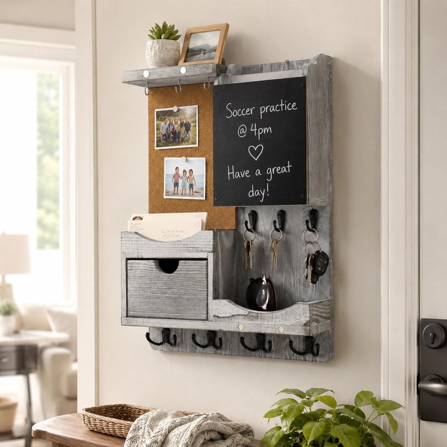 Key Holder for Wall Mount with Shelf and Mail Organizer, Key and Mail Holder with 16 Hooks, Farmhouse Entryway Organizer, Home Decor Rack (Pine Wood, Black)