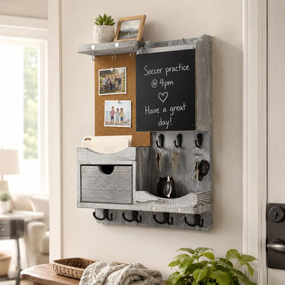 Key Holder for Wall Mount with Shelf and Mail Organizer, Key and Mail Holder with 16 Hooks, Farmhouse Entryway Organizer, Home Decor Rack (Pine Wood, Black)