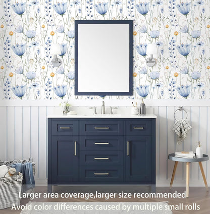 HeloHo Blue Floral Wallpaper Peel and Stick Self Adhesive Removable Wall Paper 16.1" X 118" Renter Friendly Waterproof Wallpaper Contact Paper for Furniture Living Room Bedroom Decor
