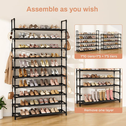 LANTEFUL 10 Tiers Tall Shoe Rack 20-25 Pairs Boots Organizer Storage Sturdy Narrow Shoe Shelf for Entryway, Closets with Hooks, Black