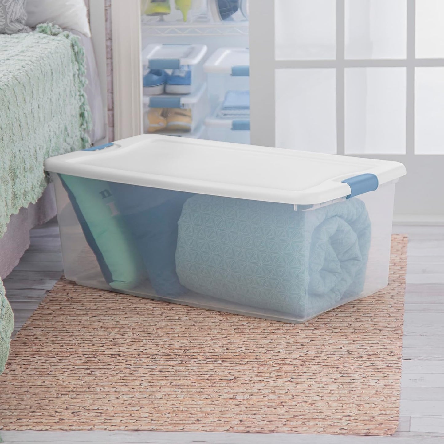 Sterilite 4-Pack 56 Quart Wheeled Latching Box, Underbed Clear Plastic Storage Organizer - Under Bed Rolling Container Bin with Lid and Wheels for Home or Dorm Bedrooms and Closets