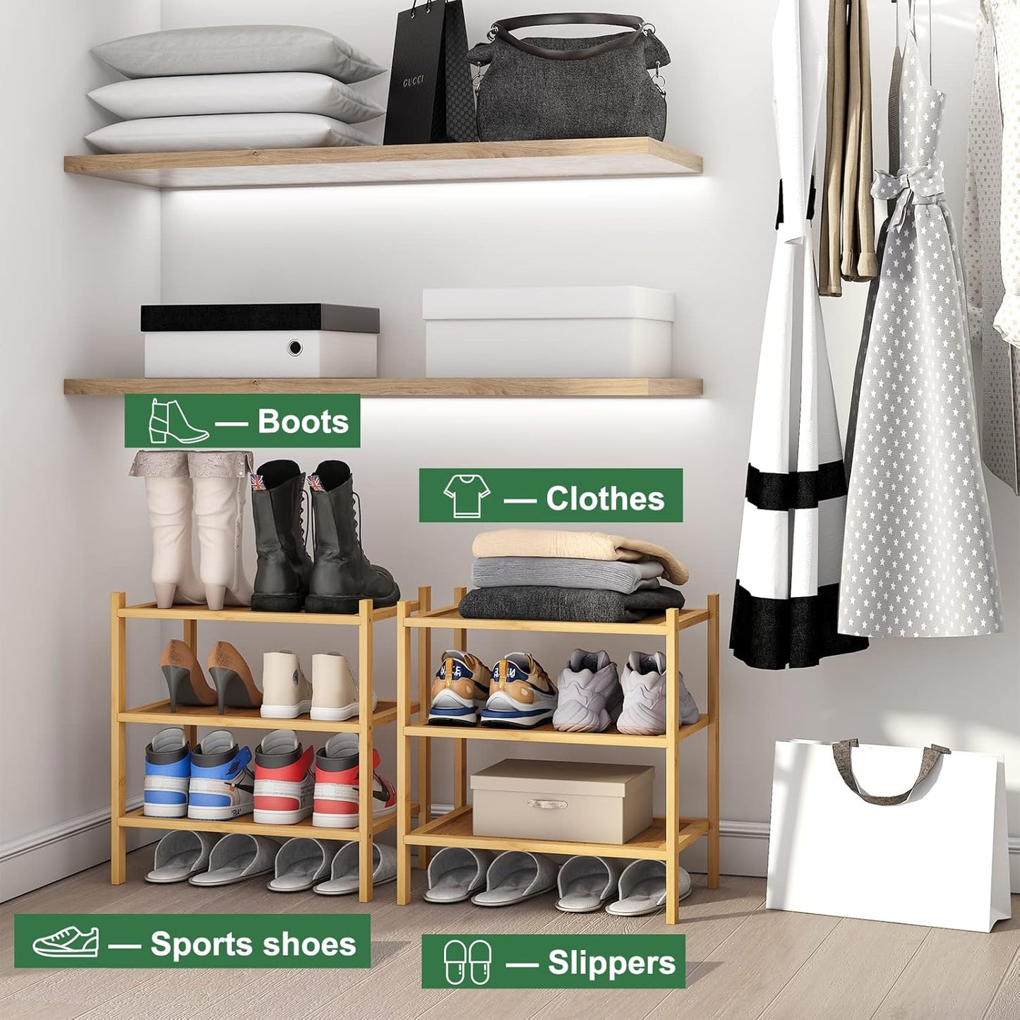 kiplant Small Shoe Rack, 4-Tier Bamboo Wood Shoe Rack for Entryway, Stackable Shoe Organizer for Hallway Closet, Free Standing Shoe Racks for Indoor & Outdoor