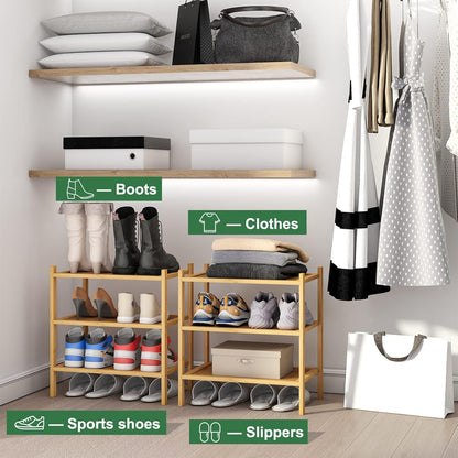 kiplant Small Shoe Rack, 4-Tier Bamboo Wood Shoe Rack for Entryway, Stackable Shoe Organizer for Hallway Closet, Free Standing Shoe Racks for Indoor & Outdoor