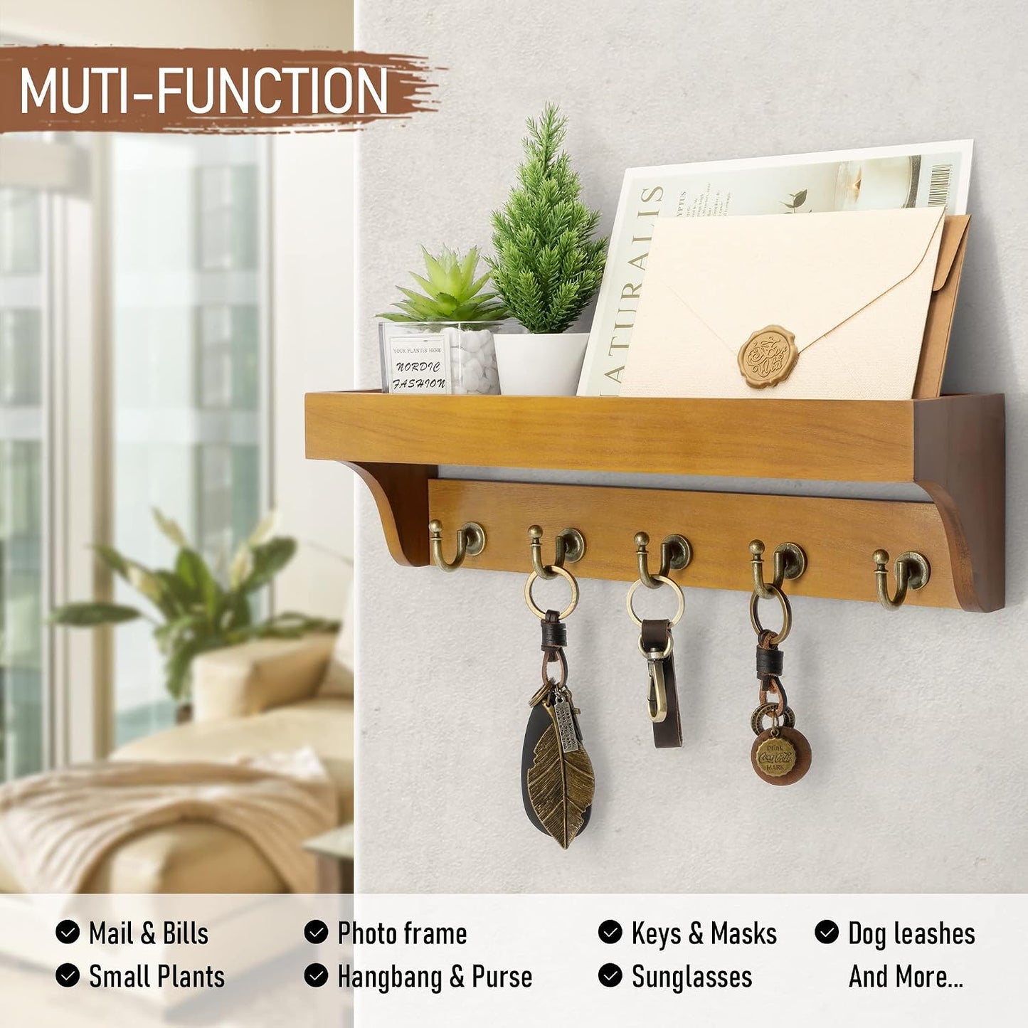 Rebee Vision Farmhouse Key Holder for Wall - Decorative Wooden Mail Organizer with 5 Rustic Key Hooks and Floating Shelf for Home Decor, Hallway, Entryway, Appartment (Retro Brown)
