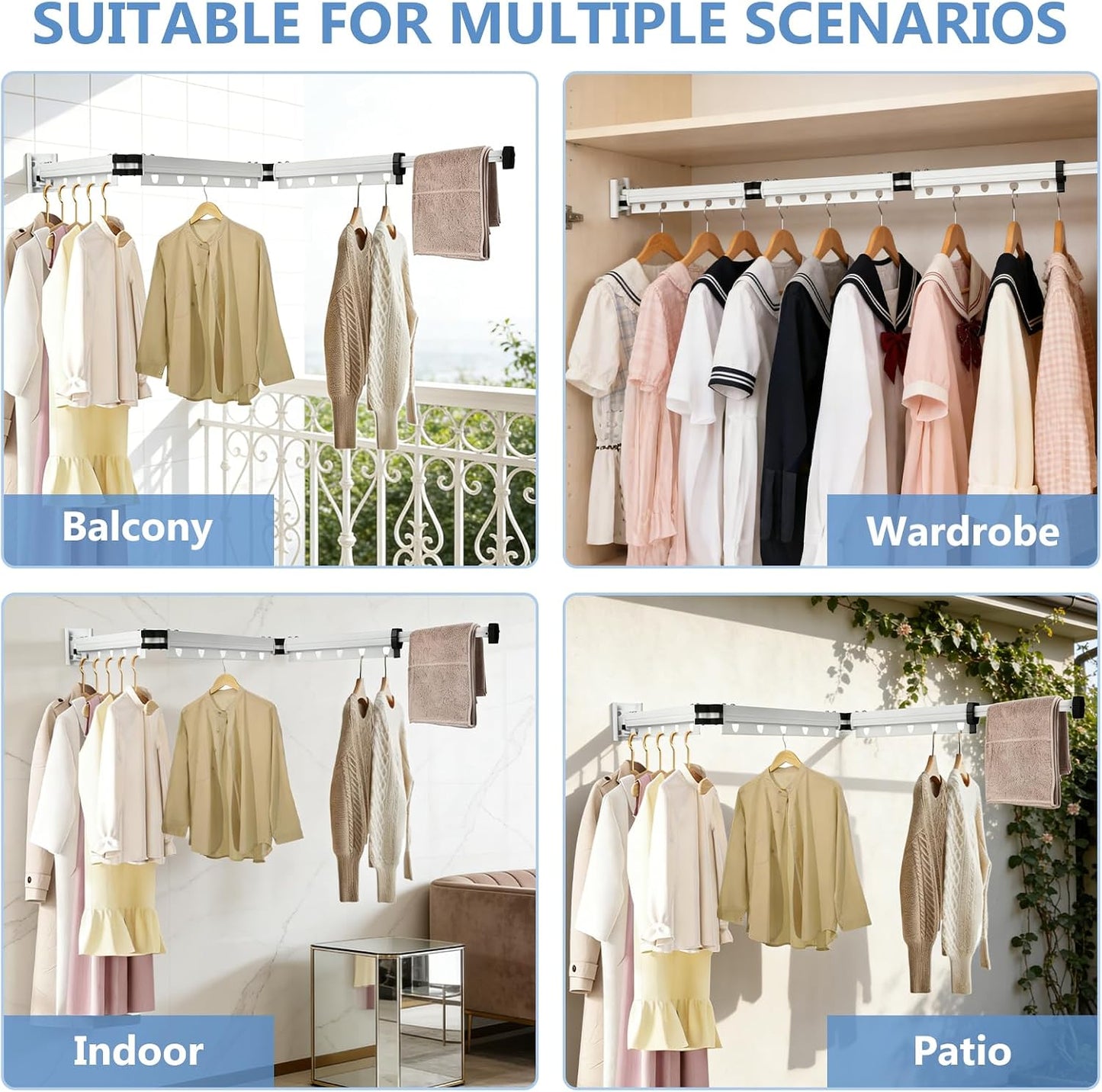 Clothes Drying Rack Wall Mounted with Suction Cup, Drying Racks for Laundry | 3-Fold Laundry Hanger Dryer Rack Space Saver, Retractable Laundry Rack for Mudroom, Wardrobe, Bathroom & Balcony