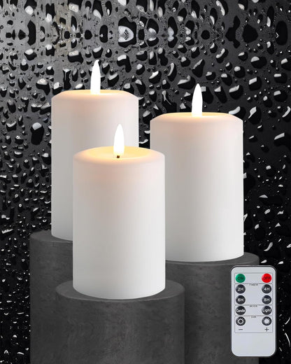Gmnee 3"x4" Flickering Flameless Candles with Remote Timer, Real Wax, Ivory Pillar Candles, Set of 3 Fake LED Battery Operated Candles for Home, Fireplace, Centerpiece, Rustic and Farmhouse Decor