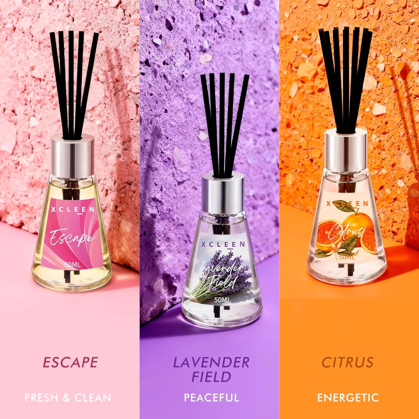 Xcleen 3 Pack Reed Diffuser, Scented Oil Diffuser with 15 Sticks, Escape/Vanilla/Moroccan Amber, Air Freshener for Bathroom & Office, Holiday Home Fragrance, Gift idea, Each 1.7Fl Oz, Total 5.1Oz