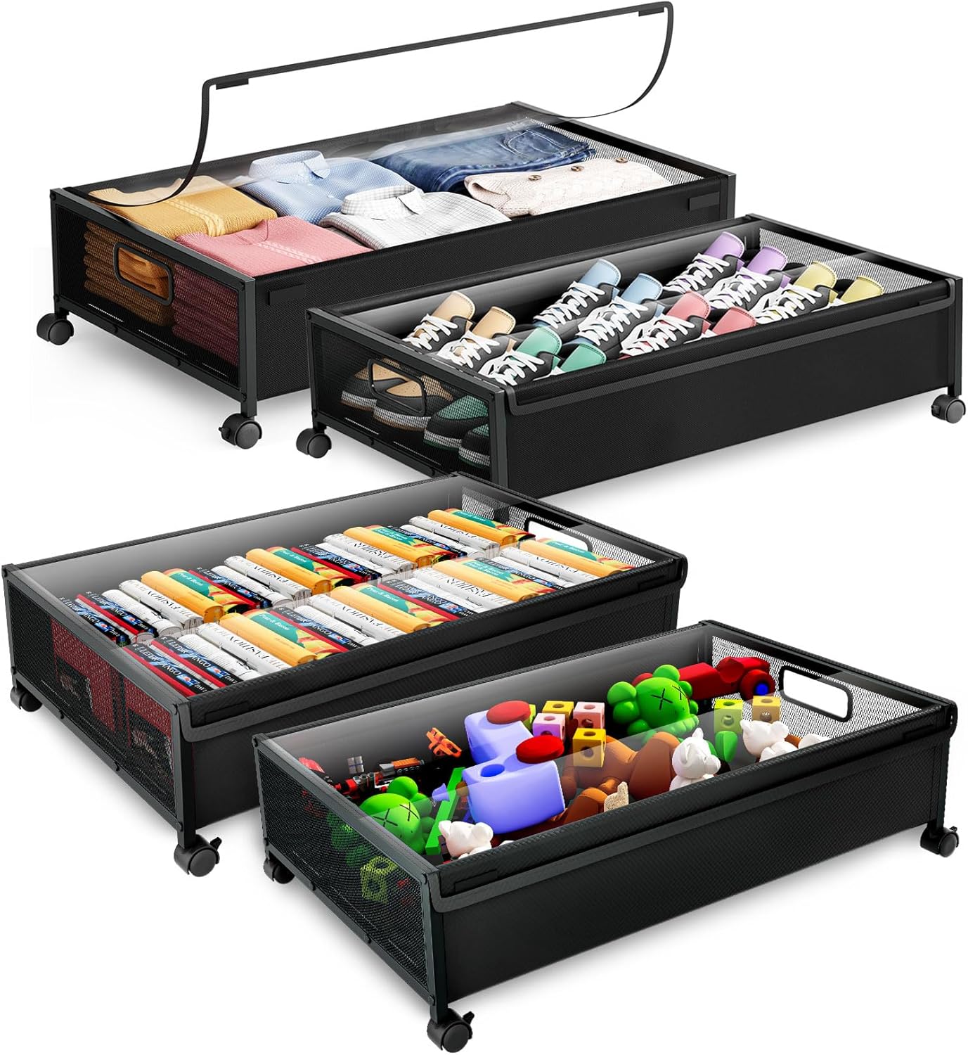 Under Bed Storage Containers with Wheels 2 Pack Underbed Shoe Storage Bedroom Storage Bins Organizer Large Capacity Under Bed Storage with Lid for Clothes Shoes Toys Blankets (Black)