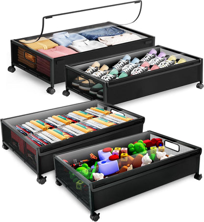 Under Bed Storage Containers with Wheels 2 Pack Underbed Shoe Storage Bedroom Storage Bins Organizer Large Capacity Under Bed Storage with Lid for Clothes Shoes Toys Blankets (Black)