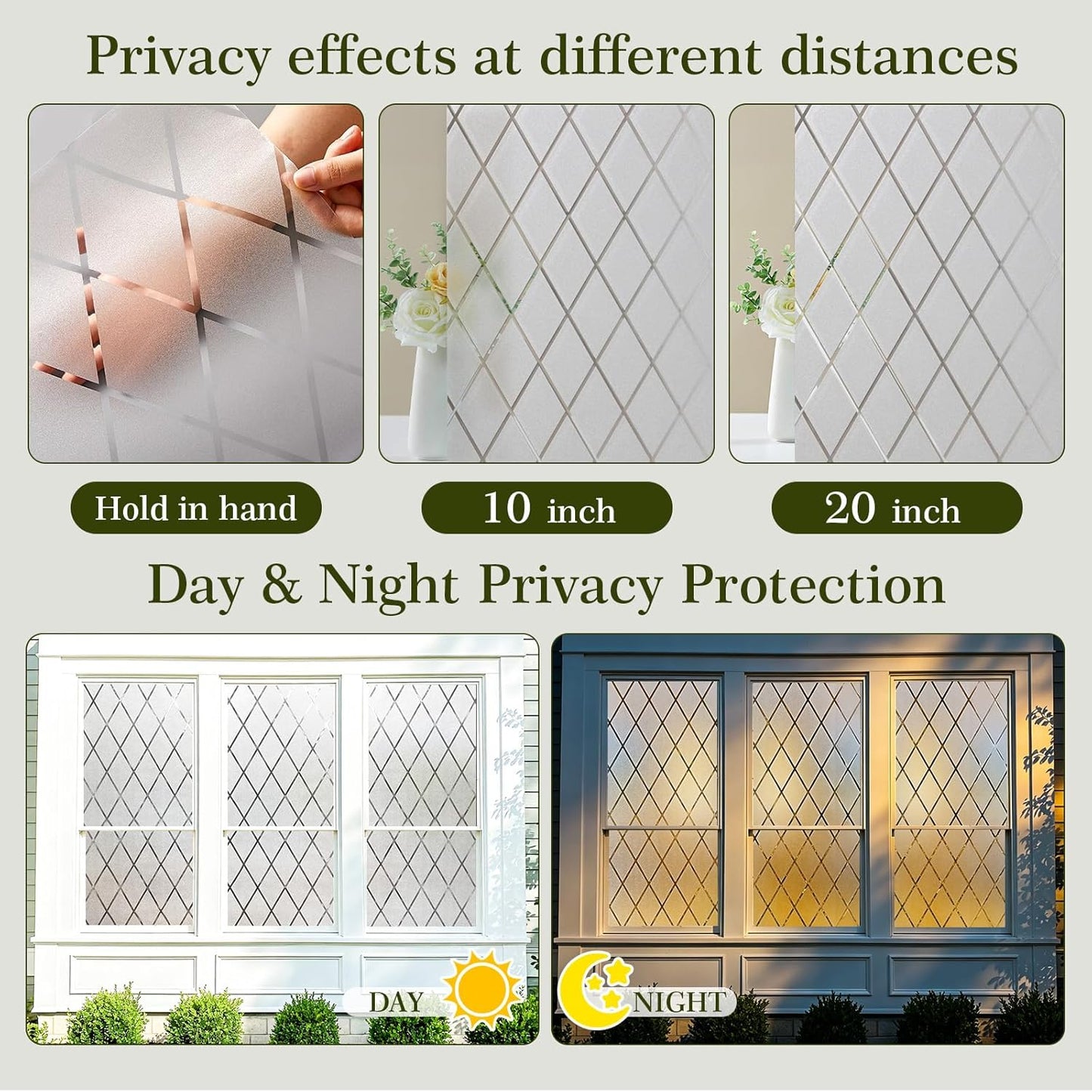 Privacy Window Film Day & Night, Static Cling Frosted Glass Window Film, 99% UV Blocking, No Glue Removable Window Covering for Bathroom Bedroom Kitchen Office (17.5 x 78.7 in)