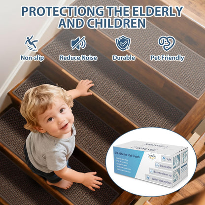 Peel and Stick Carpet Stair Treads for Wooden Steps Set of 15, Non Slip Adhesive Jute Stair Mats Indoor, Rubber Backing Safety Step Pads Mats, Grey, 8"x30"
