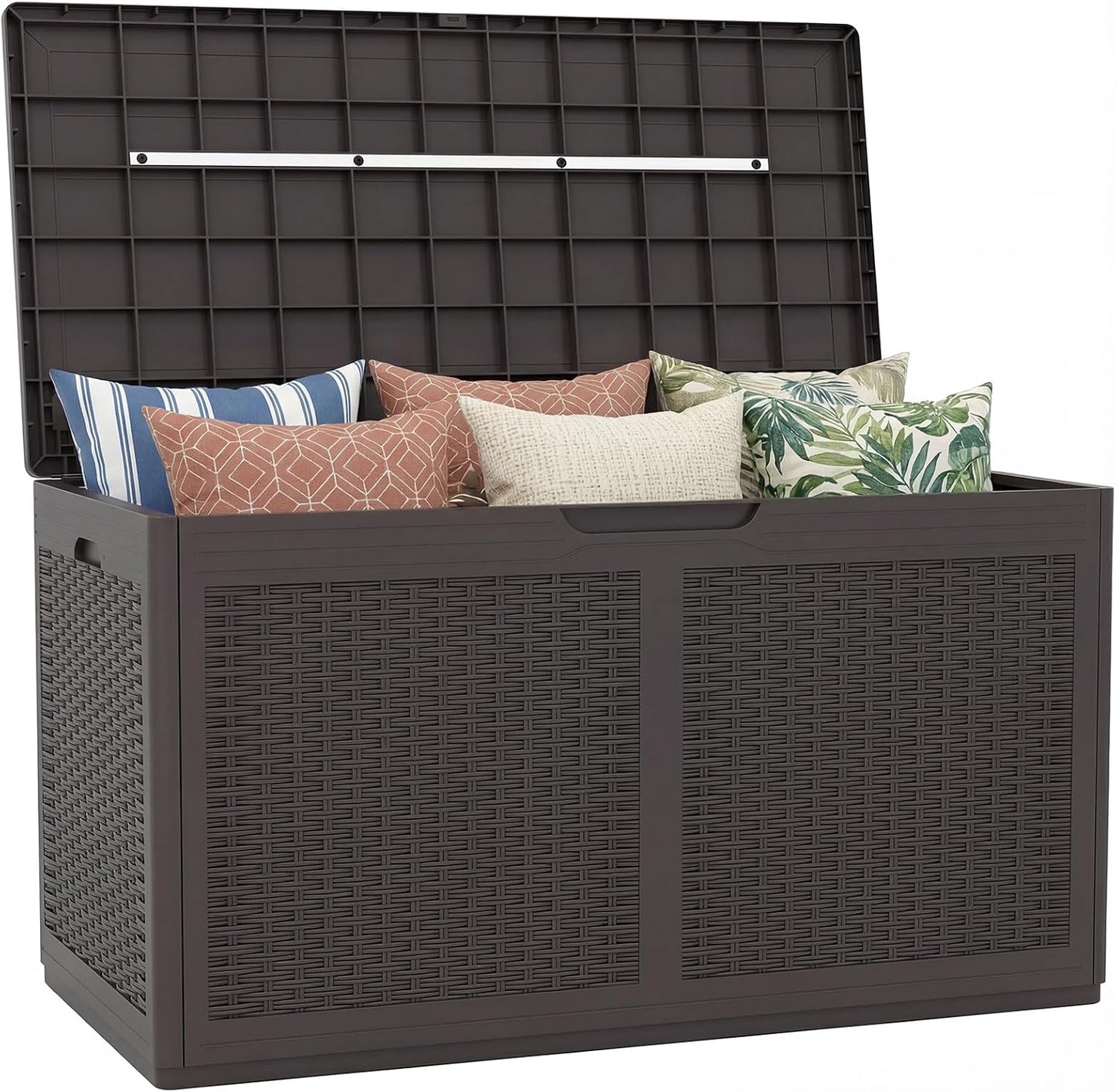 Tangkula 100 Gallon Outdoor Storage Box, Lockable Outdoor Storage Bench with 2 Smooth Wheels, Faux Rattan Surface, Waterproof Resin Deck Box for Outside Poolside Patio Garden (Brown)