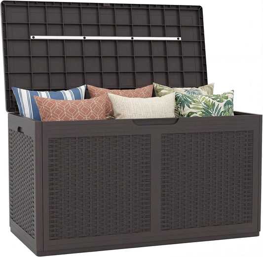 Tangkula 100 Gallon Outdoor Storage Box, Lockable Outdoor Storage Bench with 2 Smooth Wheels, Faux Rattan Surface, Waterproof Resin Deck Box for Outside Poolside Patio Garden (Brown)