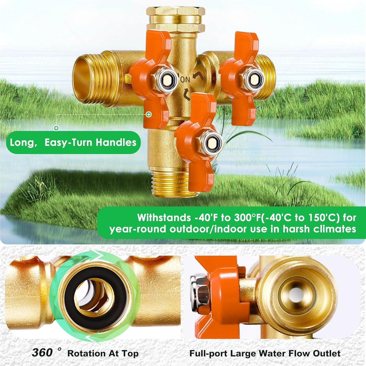 IPOW Upgrade Full Flow Garden Hose Splitter with Stainless Steel Handle, Brass Heavy Duty 2 Way Y Valve Garden Hose Splitter High Flow Spigot Splitter + 6 Rubber Hose Washers with Comfort Grip Use