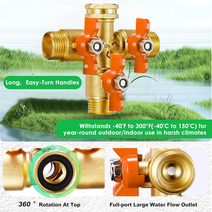 IPOW Upgrade Full Flow Garden Hose Splitter with Stainless Steel Handle, Brass Heavy Duty 2 Way Y Valve Garden Hose Splitter High Flow Spigot Splitter + 6 Rubber Hose Washers with Comfort Grip Use