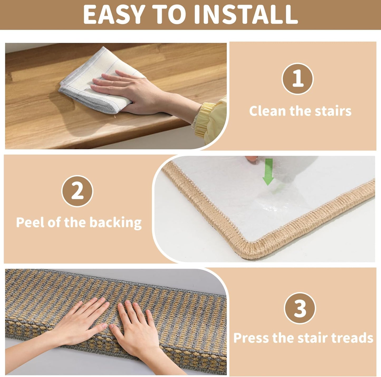 Brakki Bullnose Carpet Stair Treads, Non Slip Stair Treads for Wooden Steps Indoor, Stair Runner, Soft Stair Rugs, Edging Stair Protectors, Washable, 29.5"x9.5"x1.5" 14pcs, Beige