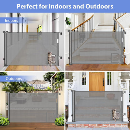 Retractable Baby Gate with Cat Door 55" Wide Retractable Baby Gate for Stairs Mesh Baby Gate with Pet Door Retractable Dog Gate for The House Retractable Pet Gate with Door Safety Gates for Toddlers