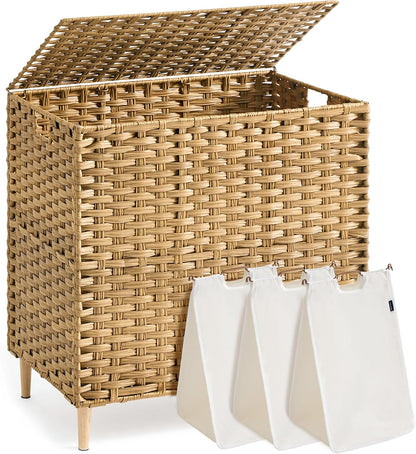 SONGMICS 3-Section Laundry Hamper with Lid, 42.2 Gal (160L) PE Rattan Laundry Basket with Removable Washable Liners, for Bedroom & Living Room, Chestnut Brown ULCB223ME01