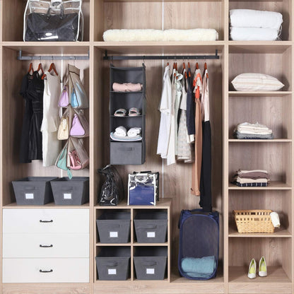 MAX Houser 4-Shelf Hanging Closet Organizer, Space Saver, Cloth Hanging Shelves with 2 Side Pockets, Foldable (Beige)