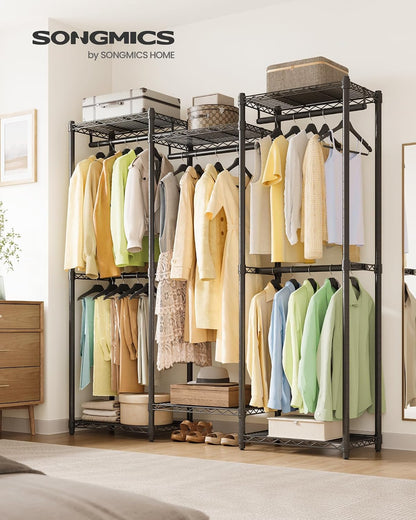 SONGMICS Heavy-Duty Clothes Rack, Garment Rack, Portable Closet, 68.7-Inch Wide Clothing Rack with Adjustable Mesh Shelves and Hanging Rails, Ink Black ULGR433B01