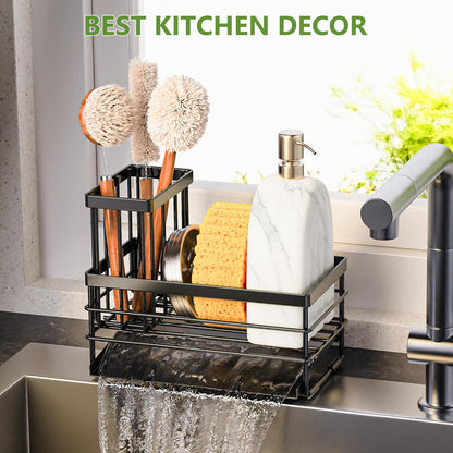 Cisily Sink Caddy Sponge Holder for Kitchen with Brush Holder and Stainless Steel Self Drain Tray, Rustproof Kitchen Sink Organizer for Sponge, Soap Dispenser Storage Accessories (Black)