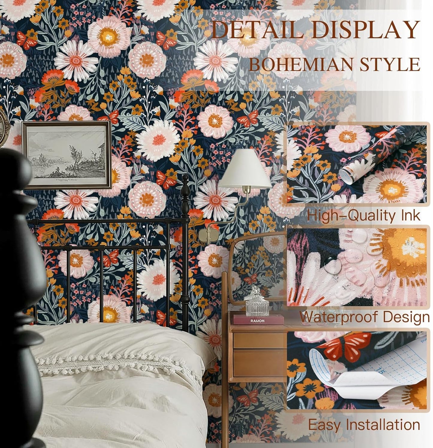 Dimoon 17.3''x78.7'' Peel and Stick Wallpaper Floral Cute Contact Paper Vintage Village Country Cottage Wallpaper Farmhouse Yellow Beige Renter Friendly Geometry Waterproof Embossed Kitchen Bedroom