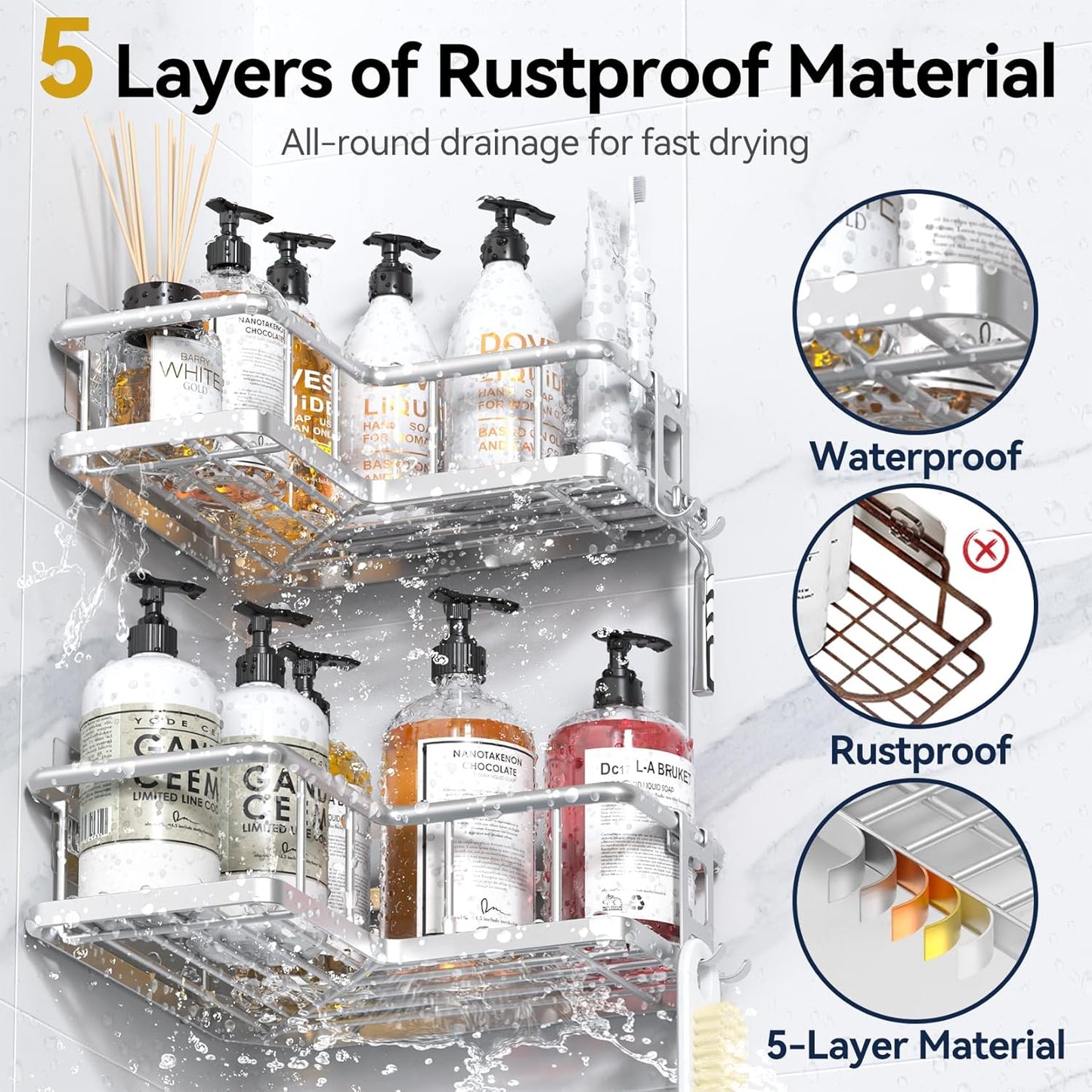 YASONIC Corner Shower Caddy, 5-Pack Adhesive Rustproof Stainless Steel Shower Organizer with Soap Holder, No Drilling Shower Shelf for Inside Shower, Dorm, Renters, Black