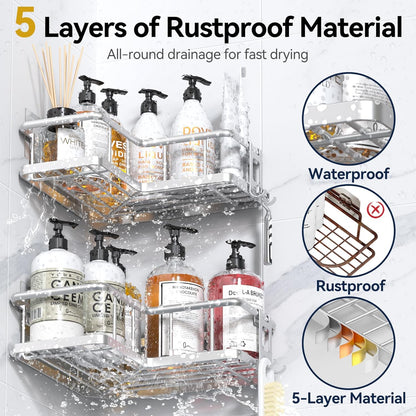 YASONIC Corner Shower Caddy, 5-Pack Adhesive Rustproof Stainless Steel Shower Organizer with Soap Holder, No Drilling Shower Shelf for Inside Shower, Dorm, Renters, Black