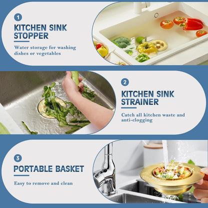 Sink Drain Strainer 3 in 1, 304 Stainless Steel Pop Up Kitchen Sink Stopper with Anti-Clogging Basket, Kitchen Essential Drain Anti-Clog Gadgets, Fits US Standard 3-1/2'' Sink Drain (SUS 304 Brushed)
