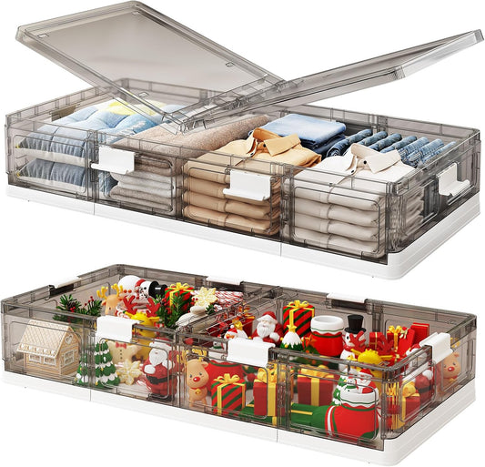 Kitstorack Clear Plastic Under Bed Storage Containers Bins with Lids and 8 Pre-installed Wheels,37.8 Qt, Rolling Foldable Flat Under Bed Organizer Boxes for Clothes Shoes Clothing Bedroom
