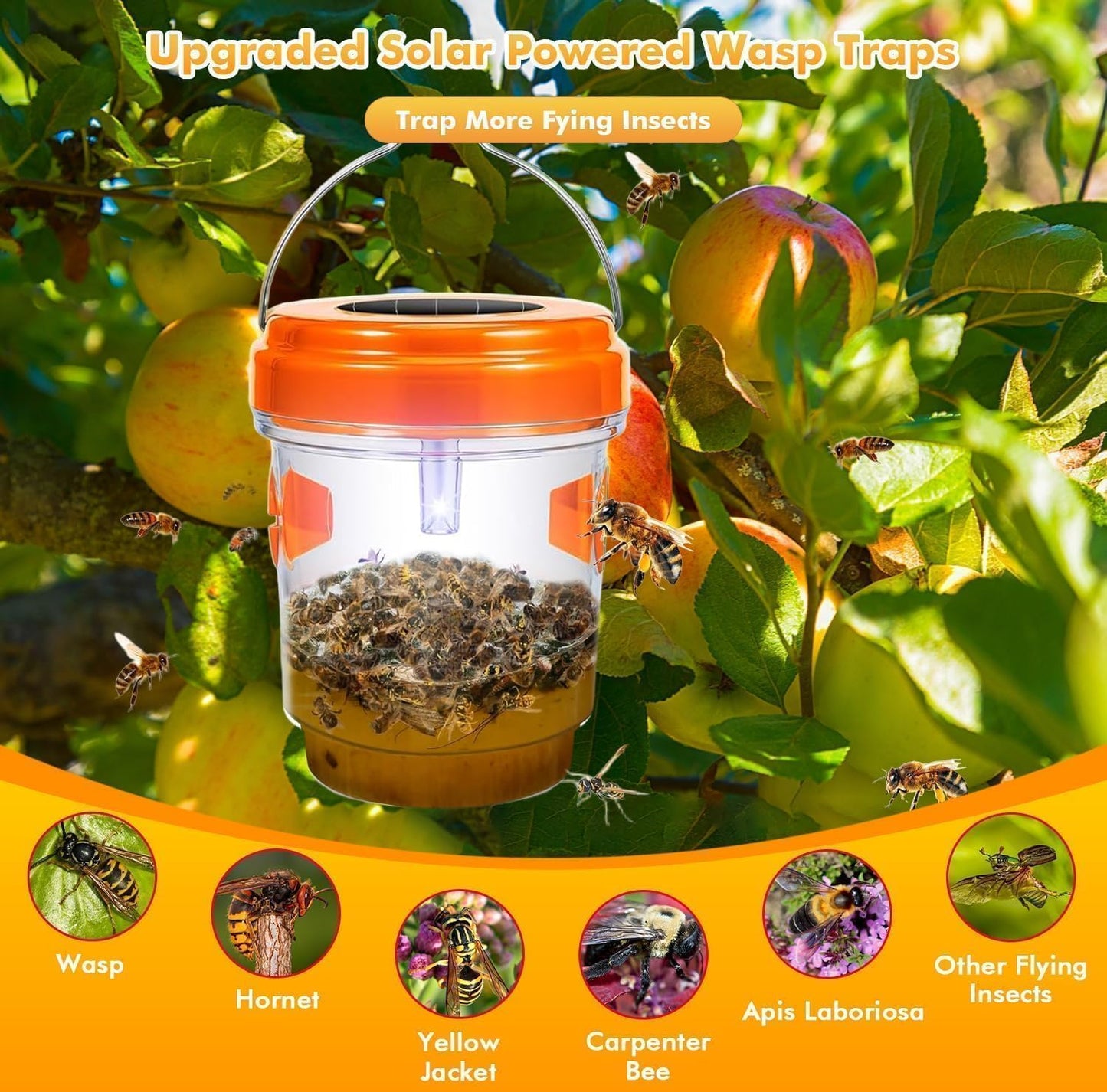 Wasp Trap Outdoor Hanging, Solar Powered Bee Trap Hornets Yellow Jacket Traps Reusable, Bee Wasp Catcher for Garden Patio Yard Orchard, 4 Packs