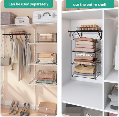 BUKFEN 3 Tier Hanging Closet Organizer, Wall Mounted Wire Storage Shelf with 4 Hooks, Foldable Stackable Organizer for Laundry Room, Bedroom, Bathroom, 1 Pack