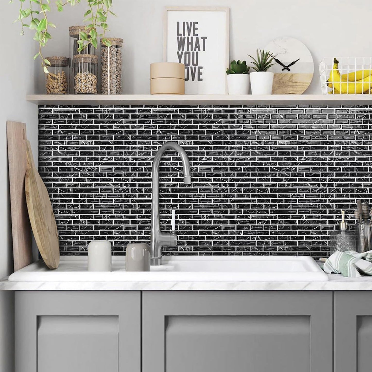 URCOLOR 10-Sheet Peel and Stick Backsplash Tile for Kitchen - 12”×12” Stick on Wall Tile for Bathroom, Black White Grey