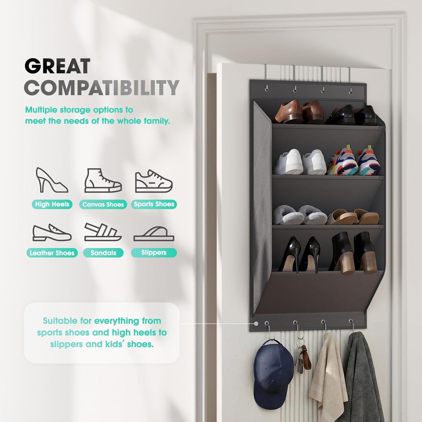 WVM Over the Door Shoe Organizer with 35 Breathable Mesh Pockets, Hanging Shoe Organizer for Door with 4 Metal Hooks, Large Capacity Closet Storage for Shoes, Accessories, Grey