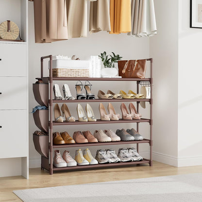 VILICK 5 Tier Shoe Rack with Hook and Side Pocket,Shoe Organizer Space Saver Storage for 20-25 Pair Shoe Storage Shelf Sturdy Free Standing Long Shoe Rack Organizer for Closet,Entryway,Small Spaces