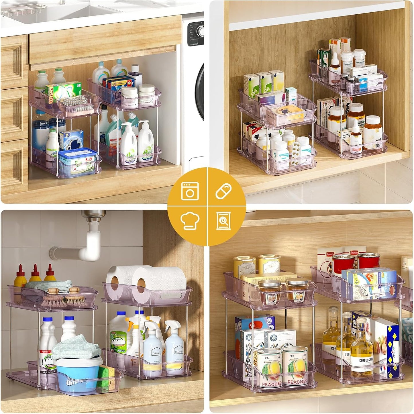 Delamu 2-Tier Under Sink Organizers and Storage, Multi-Purpose Stackable Bathroom Cabinet organizers, Pull Out Kitchen Pantry Organization and Storage with Dividers(2 Pack, Clear)
