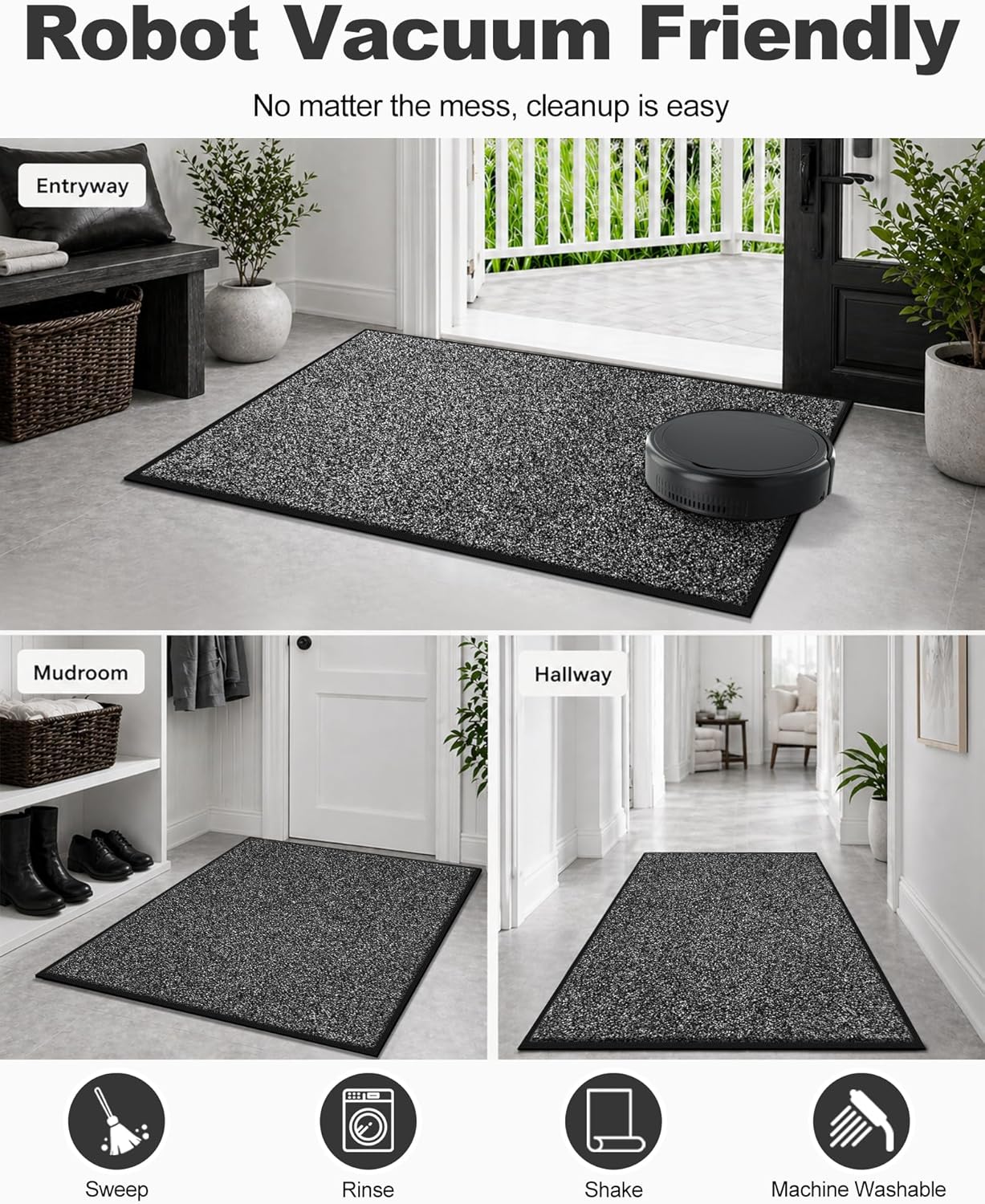 Mibao Front Door Mat, Dirt Trapper Welcome Mat for Outdoor Indoor, Non-Slip Waterproof Doormat, Durable Machine Washable Low Profile Entry Rug for Back Door Outside Patio Porch, 29.5" x 17", Grey