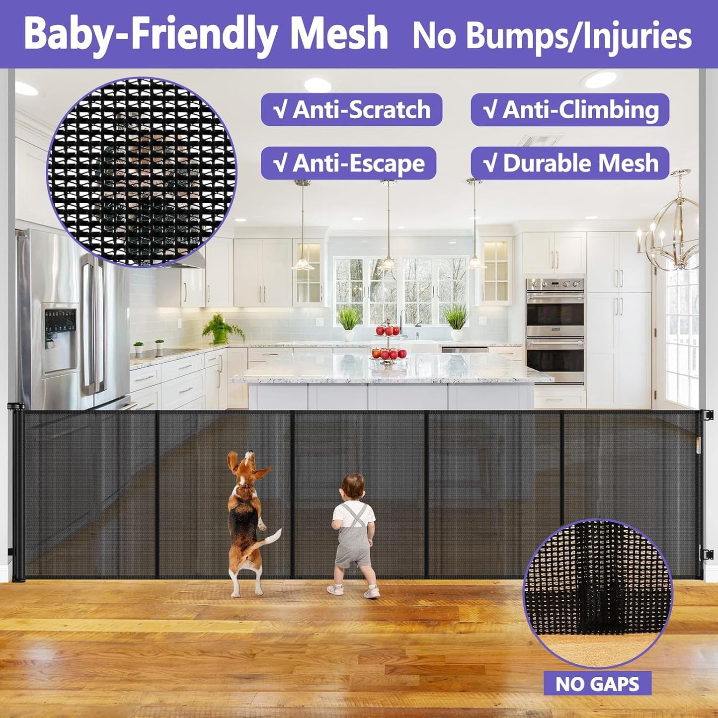 Newly Enhanced - 42" Tall × 120" Extra Wide Retractable Baby Gate Keeps Pets from Getting Under Tall Dog Gate, Indoor/Outdoor Baby Gates for Dogs, Retractable Dog Gate for Large Openings, White