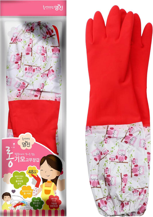 Myungjin Fleece-lined, Long Cuff, Reusable Waterproof Household Dishwashing Non-Slip Cleaning Rubber Gloves (1)