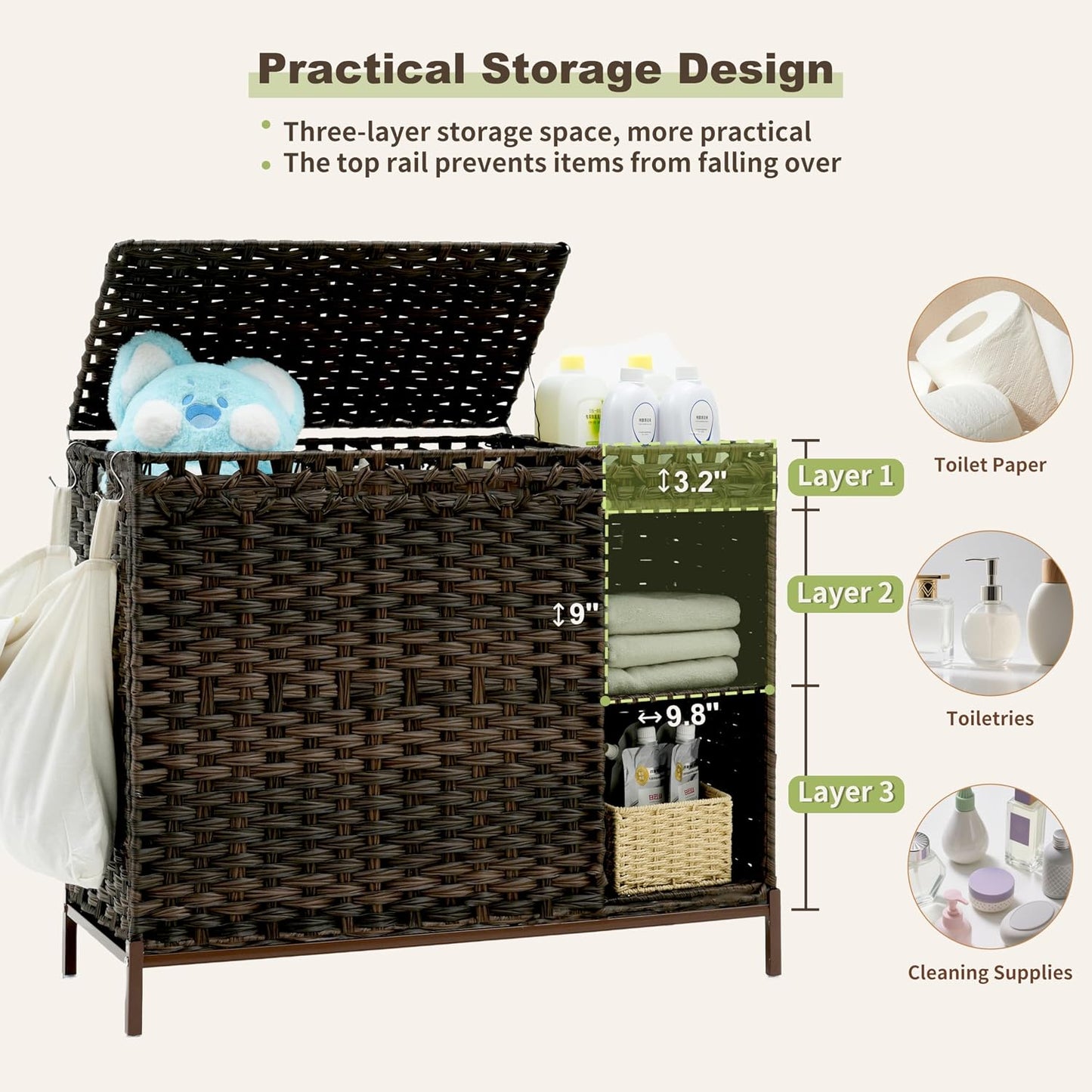 Gitelsnour Laundry Hamper with Lid, 110L (29.1 Gal) Rattan Laundry Hamper 2 Section with 50L (13.2 Gal) Storage Shelf, Wicker Woven Laundry Sorter Basket with 3 Liner Bags and Handles, Brown GLH002BR