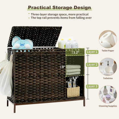 Gitelsnour Laundry Hamper with Lid, 110L (29.1 Gal) Rattan Laundry Hamper 2 Section with 50L (13.2 Gal) Storage Shelf, Wicker Woven Laundry Sorter Basket with 3 Liner Bags and Handles, Brown GLH002BR