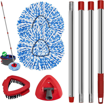 Mop Replace Heads Mop Handle and Base Replacement for O Cedar EasyWring 1-Tank Spin Mop System, 2 Microfiber Mops Refills, 4-Section Iron Mop Handle 30-58Inch and 1 Mopping Heads Cover Set (No Bucket)
