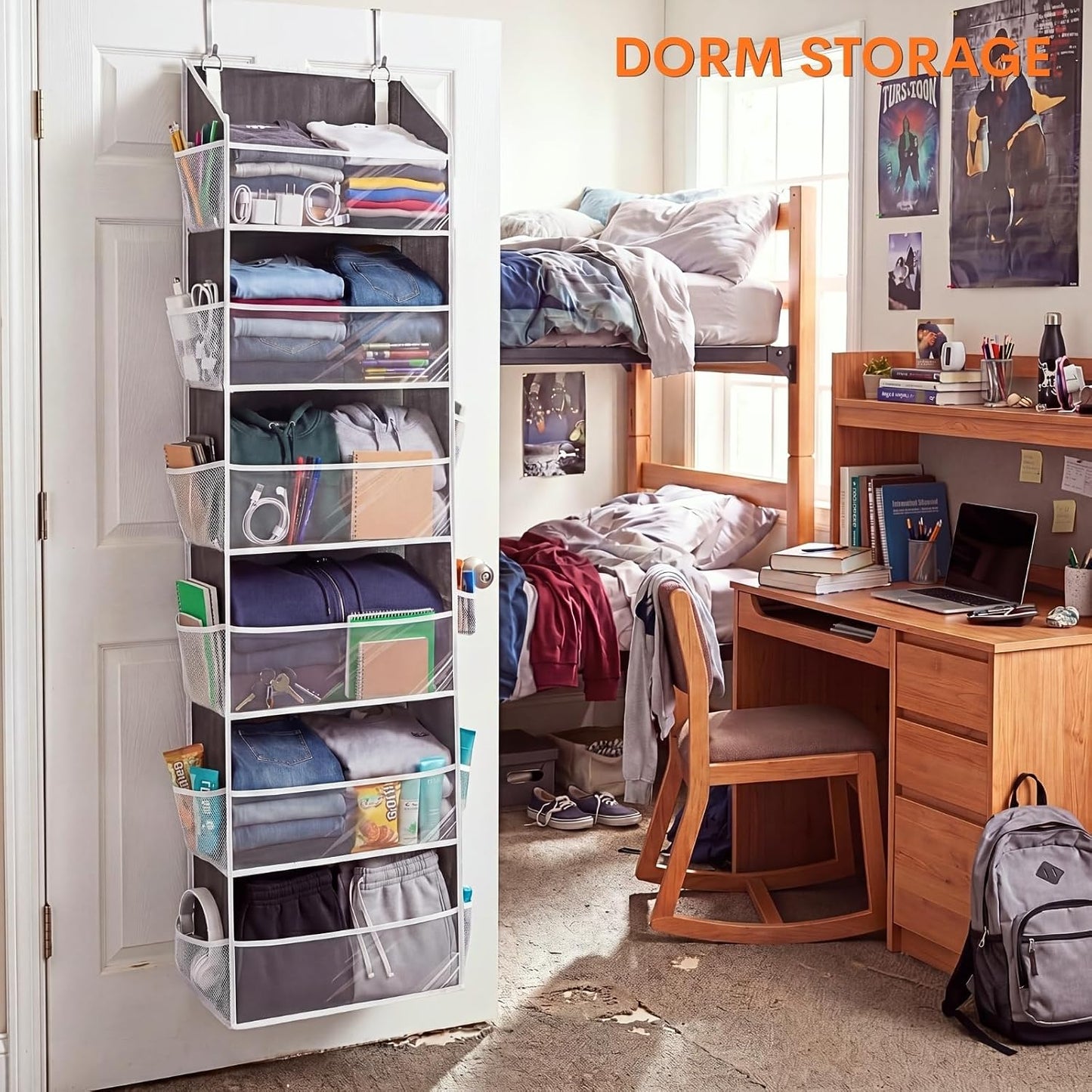 Over The Door Organizer, 5-Tier Extra Large Behind Door Storage with 10 Big Front & 10 Mesh Pockets, 80lb Capacity, Hanging Storage Organizer with Clear Window Kids Toys, Shoes, Diapers, Light Grey