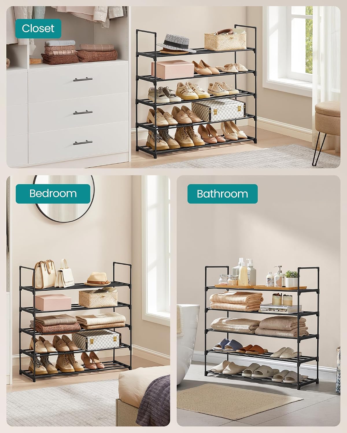 SONGMICS Shoe Rack, 6-Tier Shoe Organizer, Metal Storage Shelf, Upright or Upside Down, for 24-30 Pairs, Stackable, for Entryway, 11.8 x 36.2 x 42.7 Inches, Black ULSA306BH01