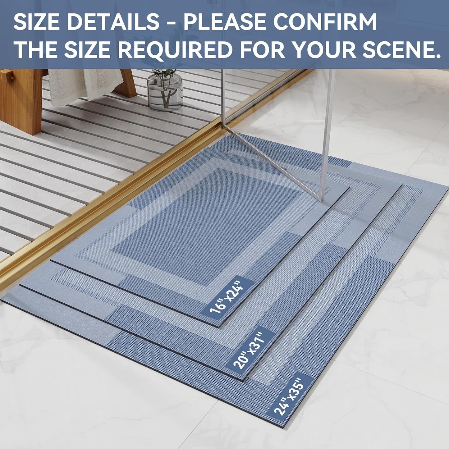 YDKGL Non Slip Bath Mat, Rubber Backing Ultra Thin Bathroom Rugs Fit Under Door Quick Dry Super Absorbent Washable Bath Rug Shower Mat for Bathroom Floor Bathtub Shower Sink, Easy Care Blue 16"x 24"