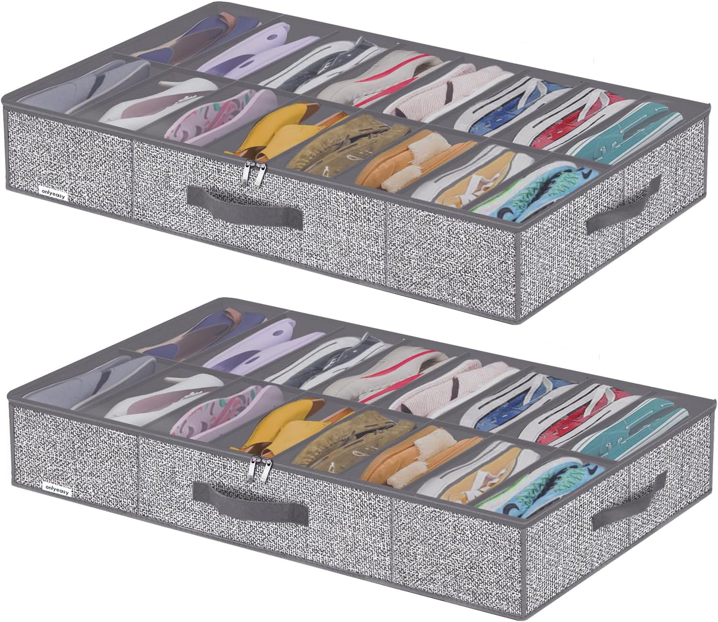 Onlyeasy Sturdy Under Bed Shoe Storage Organizer, Set of 2, Fit 12 to 24 Pairs, Underbed Shoes Closet Storage Solution with Clear Window, Breathable, L29.3 x W23.6 x H5.9, Linen-like Black, MXAUBSB2P