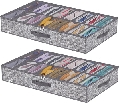 Onlyeasy Sturdy Under Bed Shoe Storage Organizer, Set of 2, Fit 12 to 24 Pairs, Underbed Shoes Closet Storage Solution with Clear Window, Breathable, L29.3 x W23.6 x H5.9, Linen-like Black, MXAUBSB2P