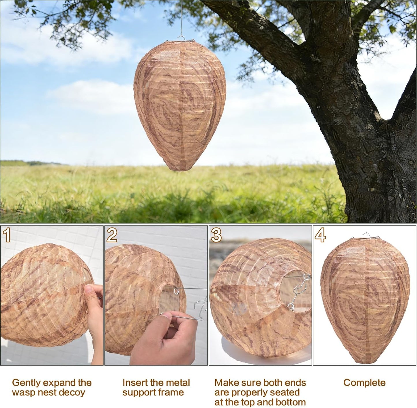 4 Pack Fake Wasp Nest Decoy, Waterproof Hanging Wasp Hornet Decoy for Outdoor, Brown Wasps and Hornets Nests, Reusable for Patio, Porch, Garden, Under Eaves, Garage, Backyard, House