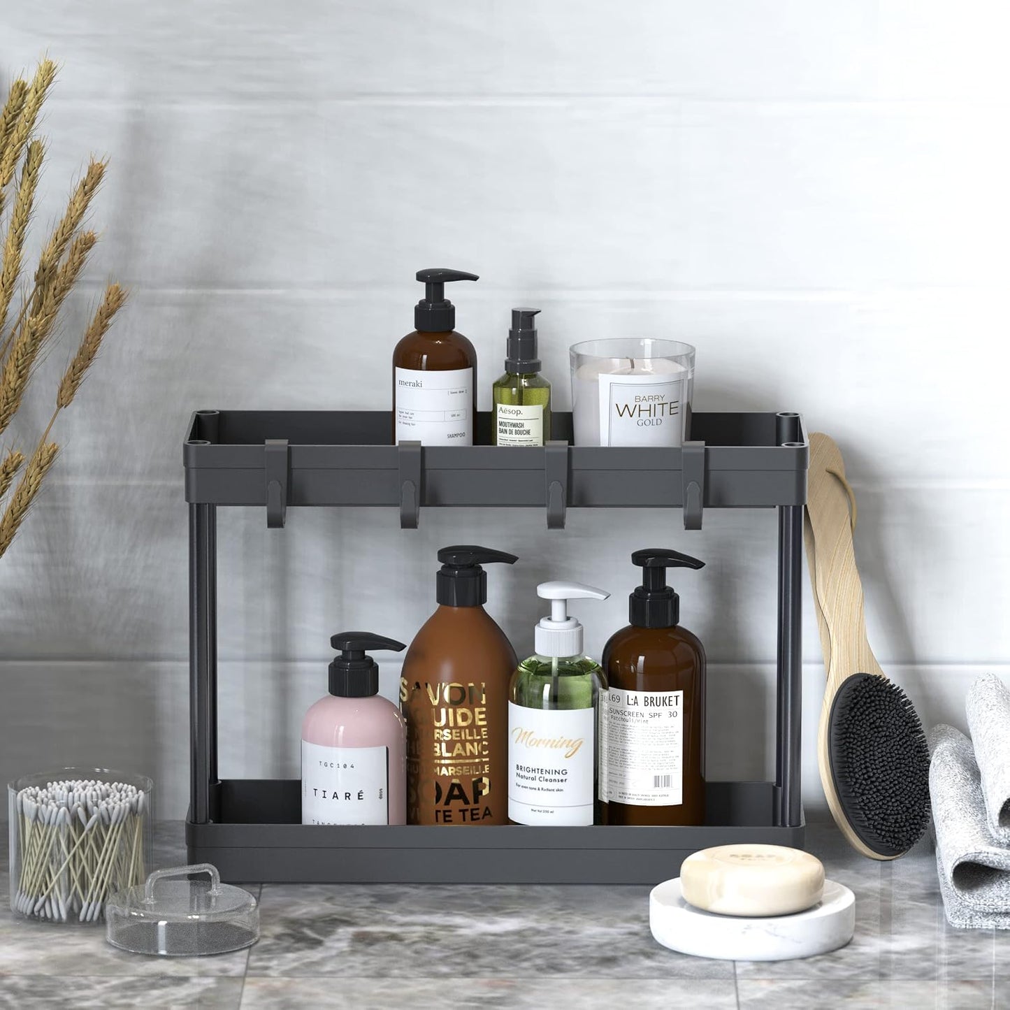 Simple Houseware 2-Tier Under Sink Organizer Storage Tray with Hooks, White