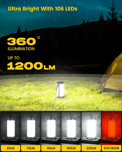 Glocusent 106 LED Camping Lights, Up to 80Hrs, 5000mAh Camping Lantern Rechargeable with 5 Brightness 3 Modes & SOS, IP68 Waterproof, Max 1200LM, Lanterns for Power Outages Hiking Emergency Hurricane